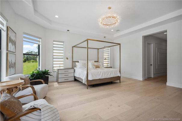 Bedroom, Chandelier, Interior, Recessed Lighting, Wood Texture Flooring