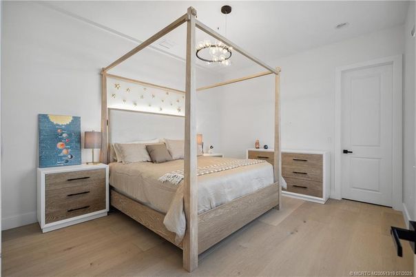 Bedroom, Interior, Pendant Lights, Wood Texture Flooring