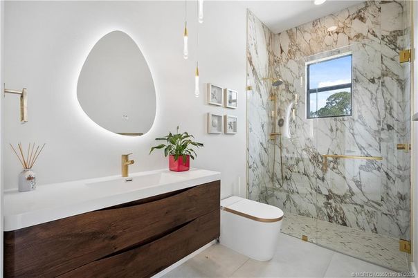 Bathroom, Glass Shower, Interior, Marble Walls, Recessed Lighting