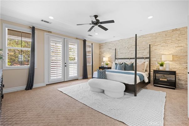 Bedroom, Fireplace, Interior, Recessed Lighting, Stone Walls