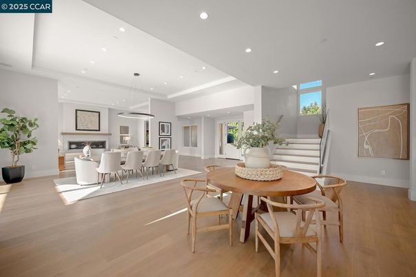 Dining room, Fireplace, Interior, Pendant Lights, Recessed Lighting, Wood Texture Flooring