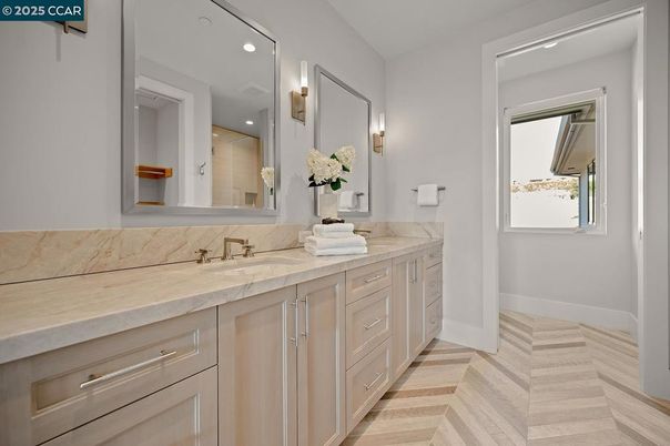 Bathroom, Dual Sink Vanities, Interior, Recessed Lighting, Wood Texture Flooring