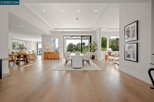 Dining room, Interior, Pendant Lights, Recessed Lighting, Wood Texture Flooring