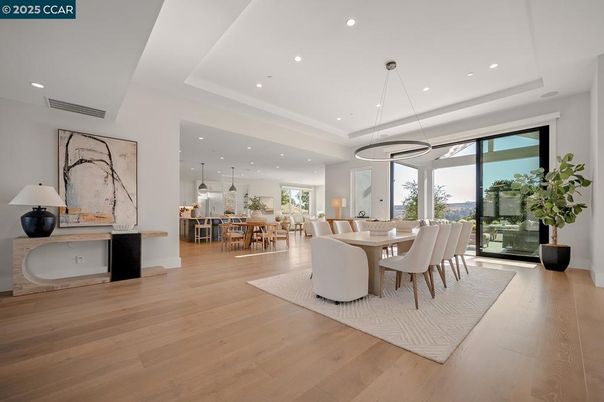 Dining room, Interior, Pendant Lights, Recessed Lighting, Wood Texture Flooring