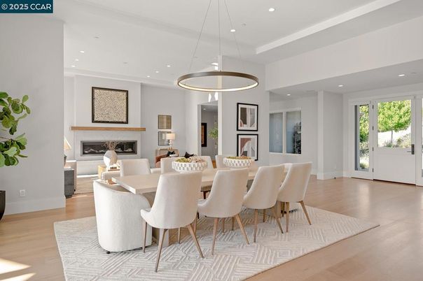Dining room, Fireplace, Interior, Pendant Lights, Recessed Lighting, Wood Texture Flooring