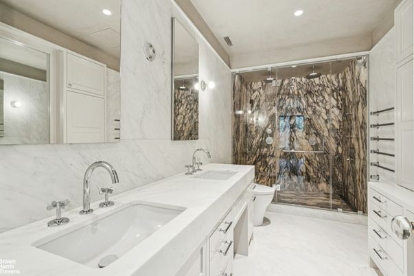 Bathroom, Dual Sink Vanities, Glass Shower, Interior, Marble, Marble Walls, Recessed Lighting