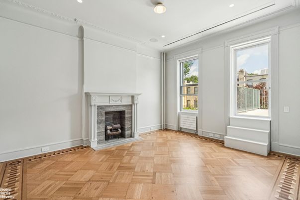 Empty room, Fireplace, Interior, Recessed Lighting, Wood Texture Flooring