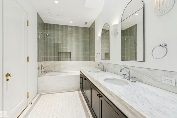 Bathroom, Dual Sink Vanities, Interior, Marble Walls, Recessed Lighting