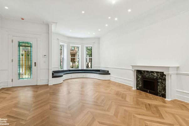 Empty room, Fireplace, Interior, Recessed Lighting, Wood Texture Flooring