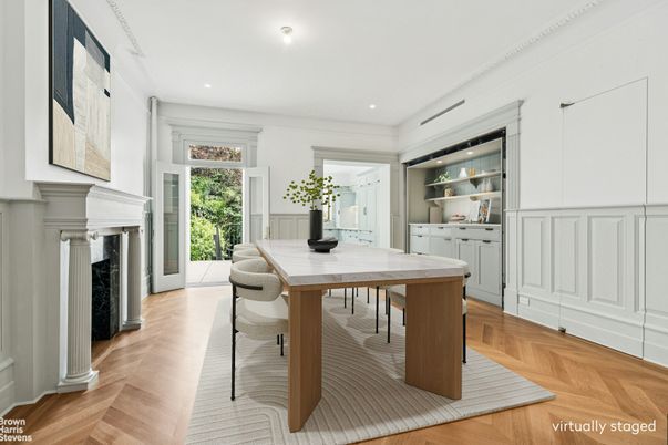 Dining room, Fireplace, Interior, Recessed Lighting, Wood Texture Flooring