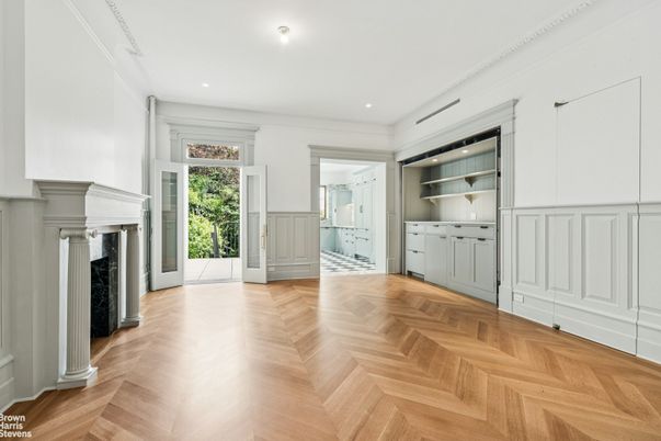 Empty room, Fireplace, Interior, Recessed Lighting, Wood Texture Flooring