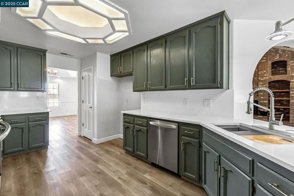 Interior, Kitchen, Pendant Lights, Stainless Steel Appliances, Wood Texture Flooring