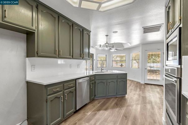 Chandelier, Interior, Kitchen, Stainless Steel Appliances, Wood Texture Flooring