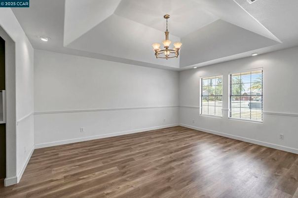Chandelier, Empty room, Interior, Recessed Lighting, Wood Texture Flooring