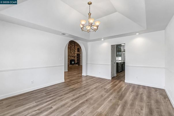 Chandelier, Empty room, Interior, Recessed Lighting, Wood Texture Flooring