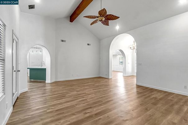 Empty room, Interior, Recessed Lighting, Wooden Beams, Wood Texture Flooring
