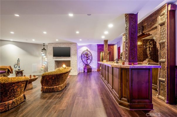 Fireplace, Interior, Pendant Lights, Recessed Lighting, Stone Walls, Wood Texture Flooring