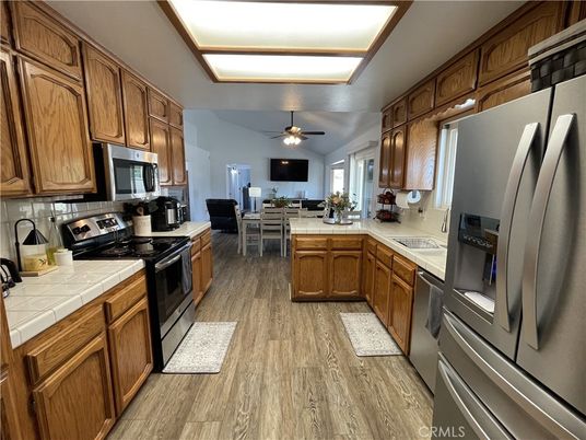 Dining room, Interior, Kitchen, Tile Countertops, Wood Texture Flooring