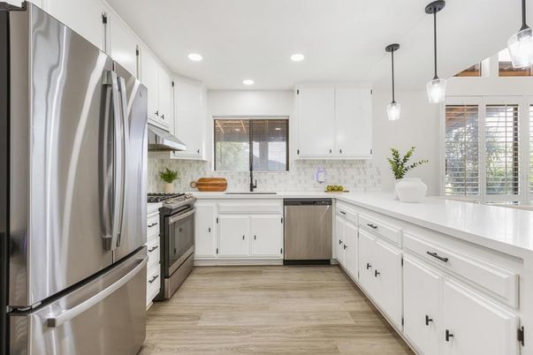 Interior, Kitchen, Pendant Lights, Recessed Lighting, Stainless Steel Appliances, Wood Texture Flooring