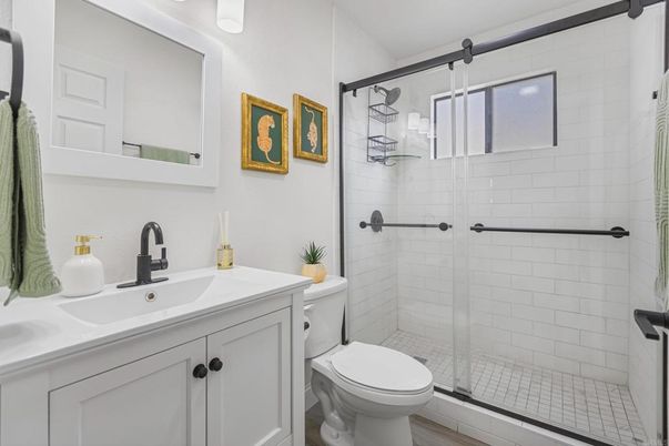 Bathroom, Glass Shower, Interior, Wood Texture Flooring