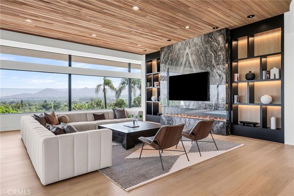 Fireplace, Interior, Living room, Marble Walls, Recessed Lighting, Wooden Ceilings, Wood Texture Flooring