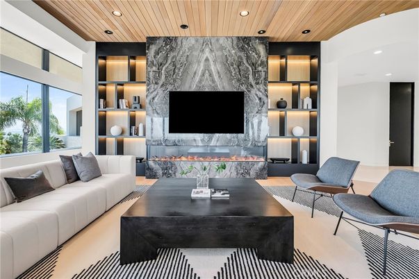 Fireplace, Interior, Living room, Marble Walls, Recessed Lighting, Wooden Ceilings, Wood Texture Flooring
