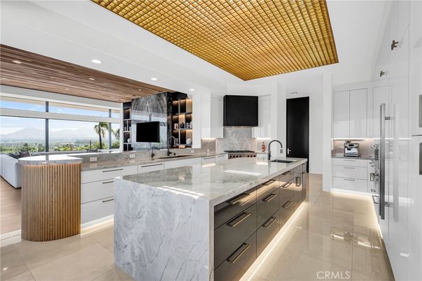 Interior, Kitchen, Marble Walls, Recessed Lighting, Stainless Steel Appliances