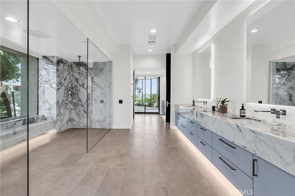 Bathroom, Dual Sink Vanities, Glass Shower, Interior, Marble Walls, Recessed Lighting