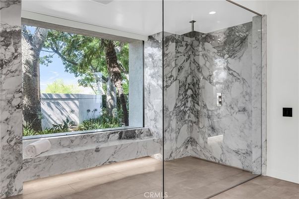 Bathroom, Glass Shower, Interior, Marble Walls, Recessed Lighting