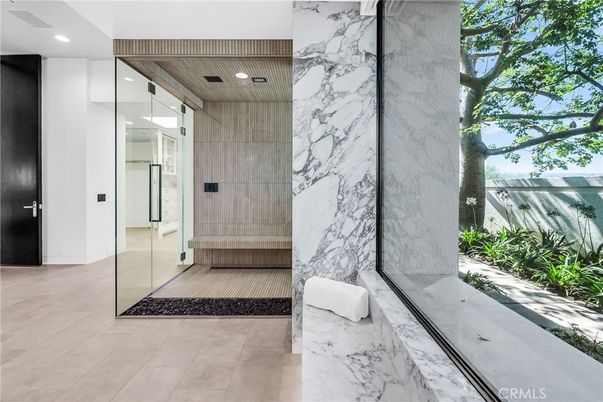 Bathroom, Glass Shower, Interior, Marble, Marble Walls, Recessed Lighting, Sauna Room