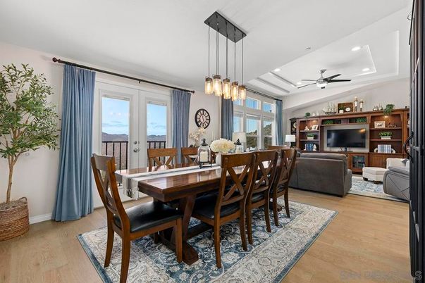 Dining room, Interior, Living room, Pendant Lights, Recessed Lighting, Wood Texture Flooring