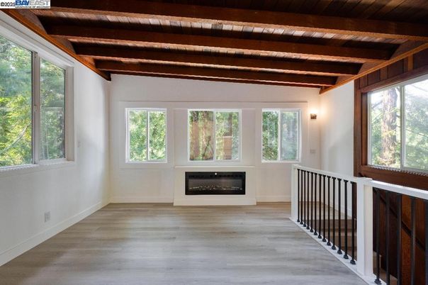 Empty room, Fireplace, Interior, Wooden Beams, Wooden Ceilings, Wood Texture Flooring
