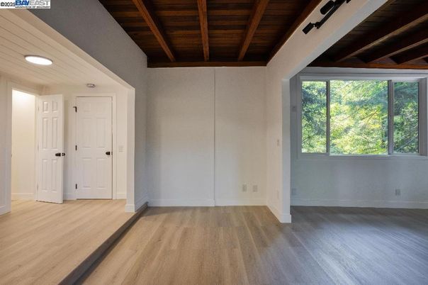 Empty room, Interior, Recessed Lighting, Wooden Beams, Wooden Ceilings, Wood Texture Flooring