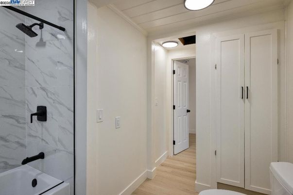 Bathroom, Interior, Marble Walls, Wood Texture Flooring