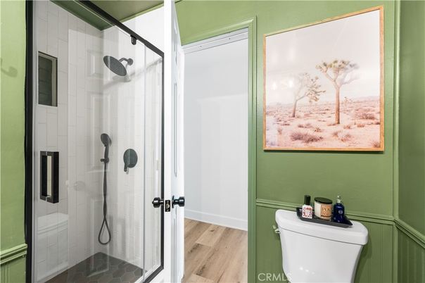 Bathroom, Glass Shower, Interior, Wood Texture Flooring