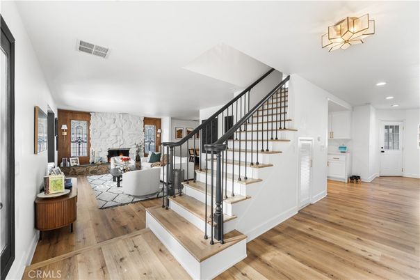 Fireplace, Interior, Living room, Recessed Lighting, Wood Texture Flooring
