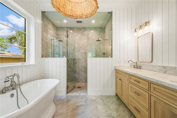 Bathroom, Dual Sink Vanities, Free Standing Baths, Glass Shower, Interior, Marble, Marble Walls, Recessed Lighting
