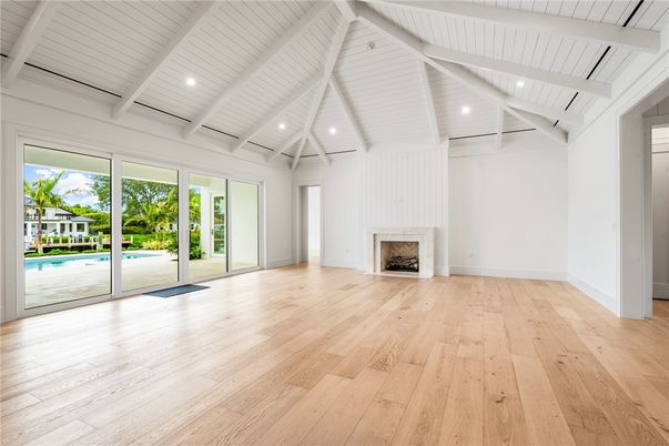 Empty room, Fireplace, Interior, Recessed Lighting, Wood Texture Flooring
