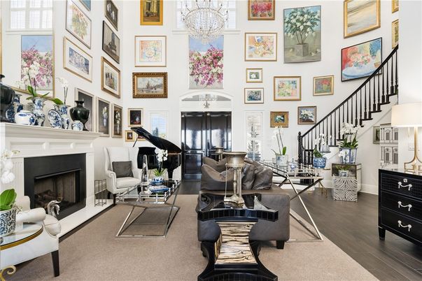 Chandelier, Fireplace, Interior, Living room, Piano, Wood Texture Flooring