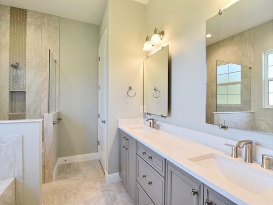 Bathroom, Dual Sink Vanities, Interior, Marble, Recessed Lighting