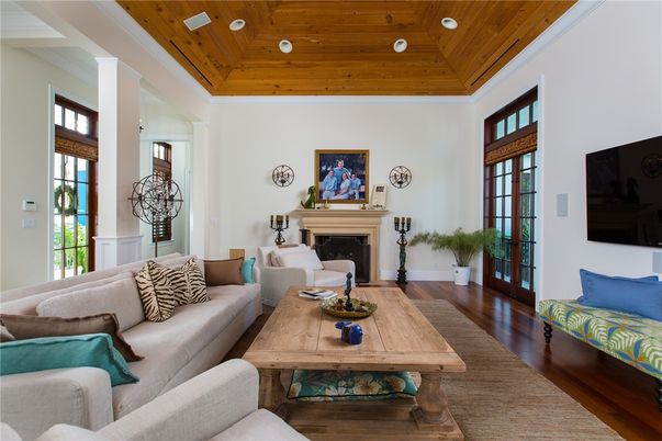 Fireplace, Interior, Living room, Recessed Lighting, Wooden Ceilings, Wood Texture Flooring