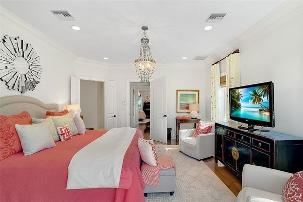 Bedroom, Chandelier, Interior, Recessed Lighting, Wood Texture Flooring