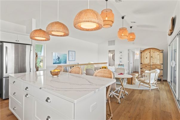 Dining room, Interior, Kitchen, Pendant Lights, Stainless Steel Appliances, Wood Texture Flooring