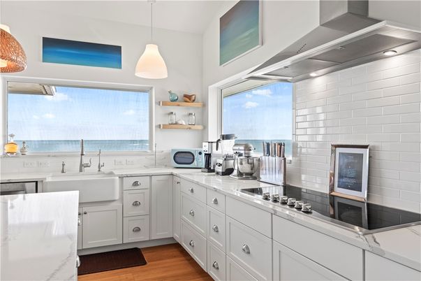 Interior, Kitchen, Pendant Lights, Recessed Lighting, Stone Walls, Water, Wood Texture Flooring