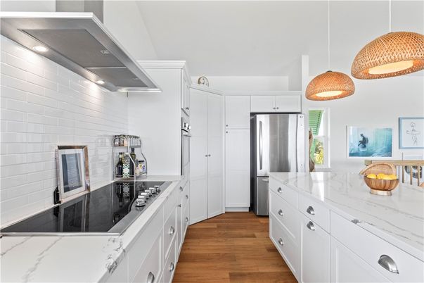 Interior, Kitchen, Pendant Lights, Stainless Steel Appliances, Wood Texture Flooring