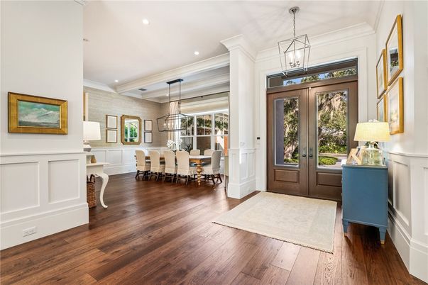 Dining room, Interior, Pendant Lights, Recessed Lighting, Wood Texture Flooring