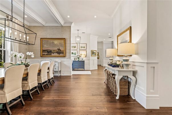 Dining room, Interior, Pendant Lights, Recessed Lighting, Wood Texture Flooring