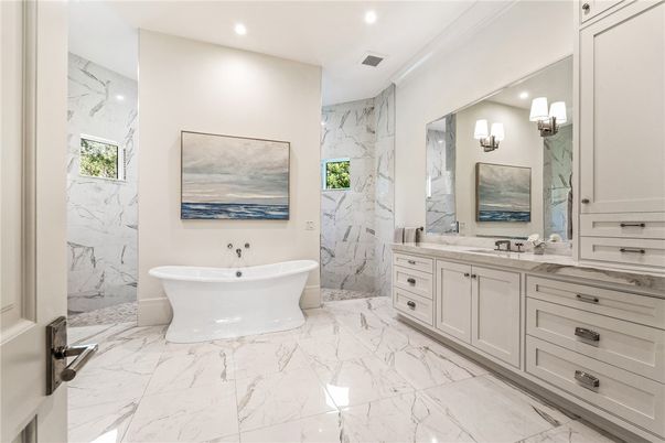 Bathroom, Dual Sink Vanities, Free Standing Baths, Interior, Marble, Marble Walls, Recessed Lighting