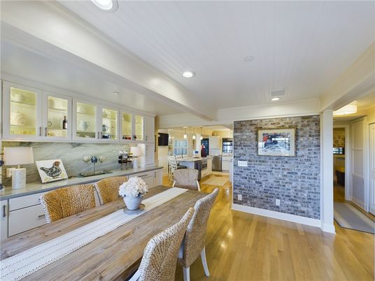 Dining room, Interior, Kitchen, Recessed Lighting, Stone Walls, Wood Texture Flooring
