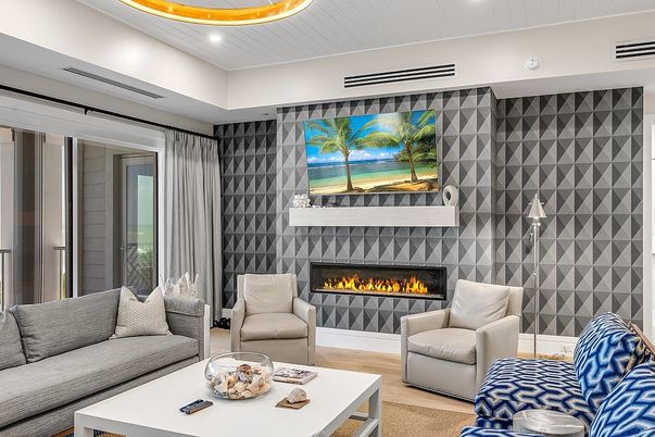 Fireplace, Interior, Living room, Recessed Lighting, Wood Texture Flooring